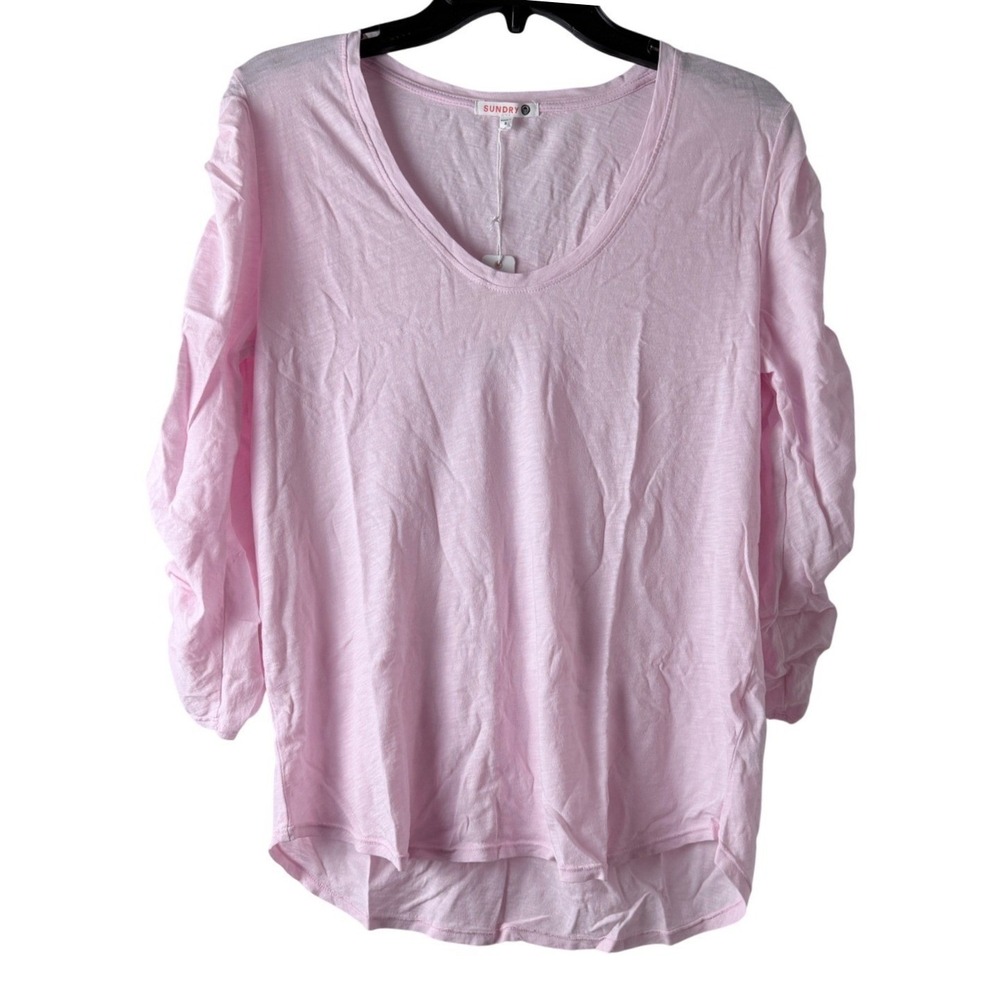 Sundry T-Shirt 100% Pima Cotton Women Size 3 Pink Ruched 3/4 Sleeve V-Neck‎ Slub